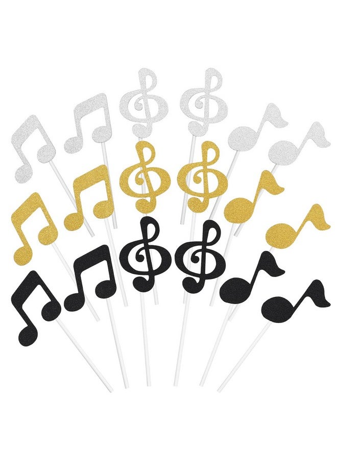 Healifty 18Pcs Glitter Music Notation Birthday Cake Toppers Birthday Party Decor For Baby Shower Wedding Birthday Party (Golden Silver Black)  - Image 2