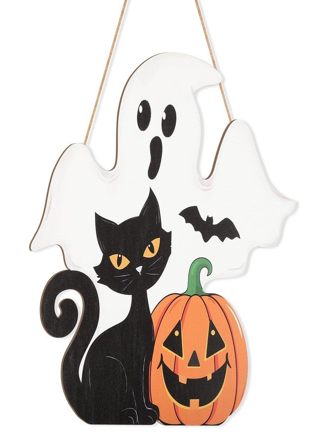 Sophena Halloween Decoration Wooden Ghost Door Halloween Wreaths for Front Door Sign Wall Signs Decor, Pumpkin Black Cat Wreath Sign Hanging for Home Wall Decor Outdoor Indoor Farmhouse Party Supply - Image 1