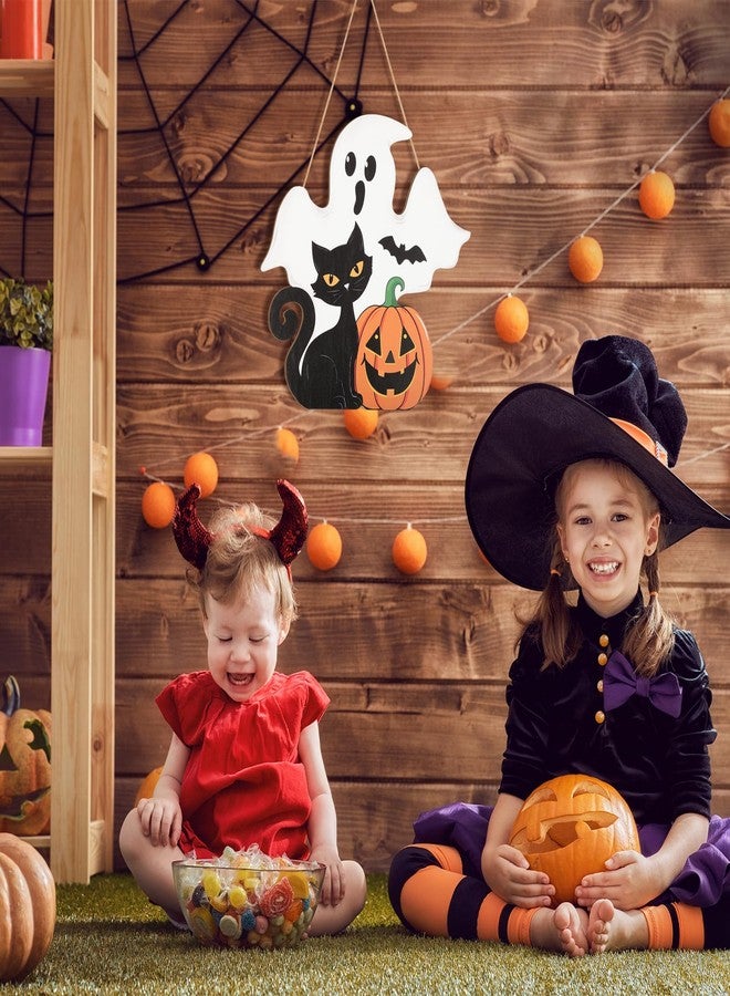 Sophena Halloween Decoration Wooden Ghost Door Halloween Wreaths for Front Door Sign Wall Signs Decor, Pumpkin Black Cat Wreath Sign Hanging for Home Wall Decor Outdoor Indoor Farmhouse Party Supply - Image 5