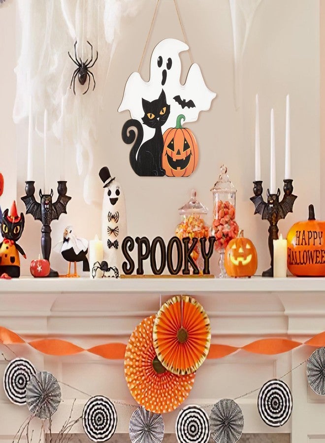 Sophena Halloween Decoration Wooden Ghost Door Halloween Wreaths for Front Door Sign Wall Signs Decor, Pumpkin Black Cat Wreath Sign Hanging for Home Wall Decor Outdoor Indoor Farmhouse Party Supply - Image 2