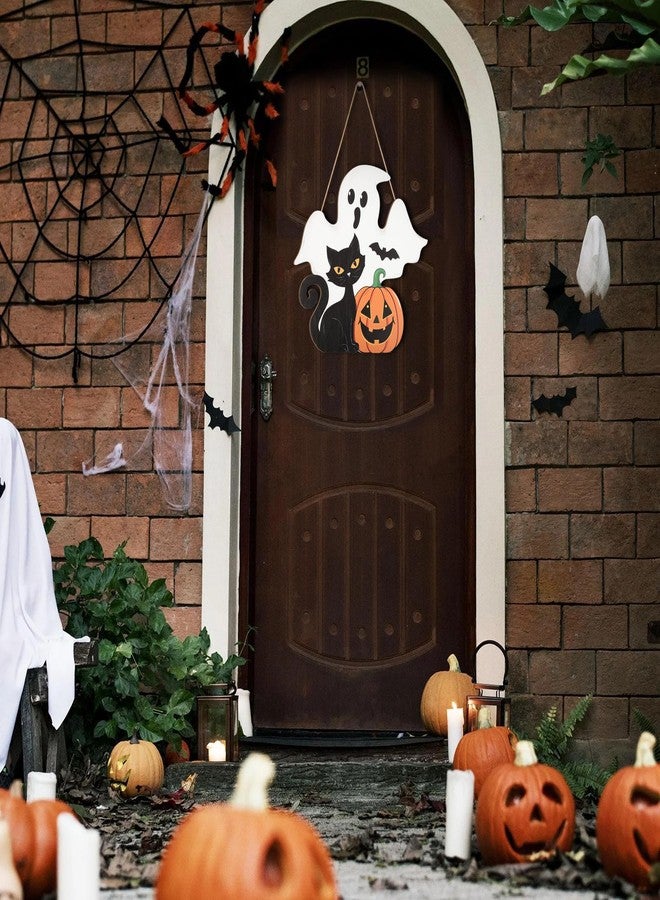 Sophena Halloween Decoration Wooden Ghost Door Halloween Wreaths for Front Door Sign Wall Signs Decor, Pumpkin Black Cat Wreath Sign Hanging for Home Wall Decor Outdoor Indoor Farmhouse Party Supply - Image 3