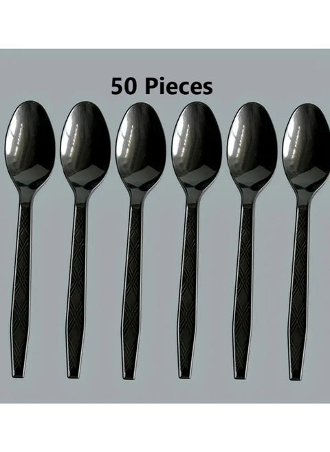 50 قطعة ملاعق بلاستيكية للاستعمال مرة واحدة، ملاعق سوداء متينة ثقيلة الوزن