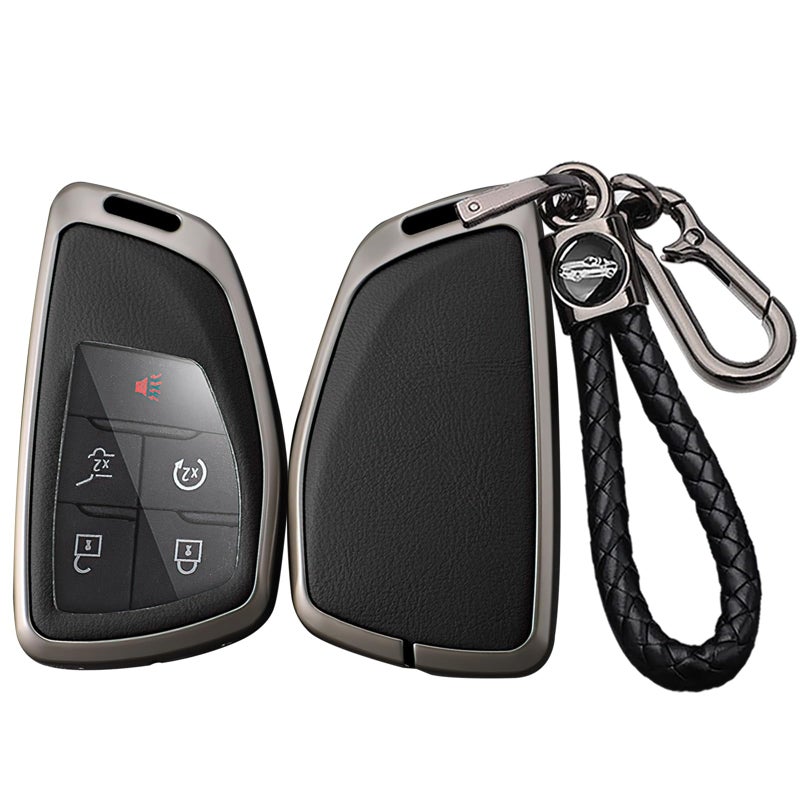 SANRILY Metal Leather 3456 Button Key Fob Cover Compatible with Fit Buick Envision Avenir Chevy Suburban Tahoe GMC Yukon Denali Silverado Keyless with Weave Keychain Black