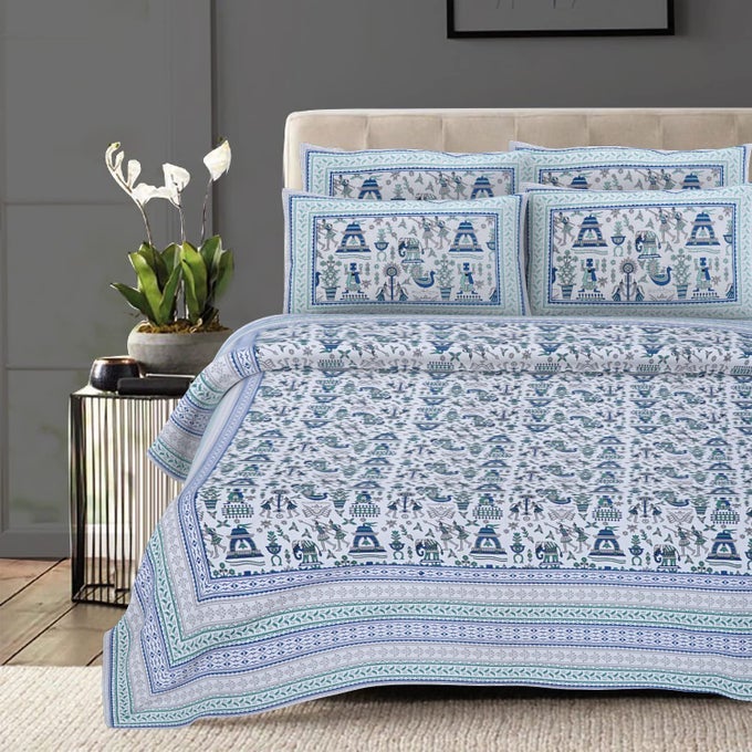 144TC COTTON RAJASTHANI PRINTED SUPER KING SIZE JAIPURI DOUBLE BEDSHEET WITH 2 PILLOW COVERS PCI48101