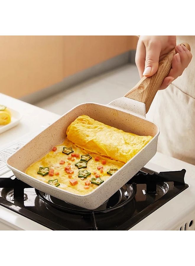 White Japanese Tamagoyaki Pan Non Stick Square Omelette Egg Roll Skillet Wooden Handle - Image 2