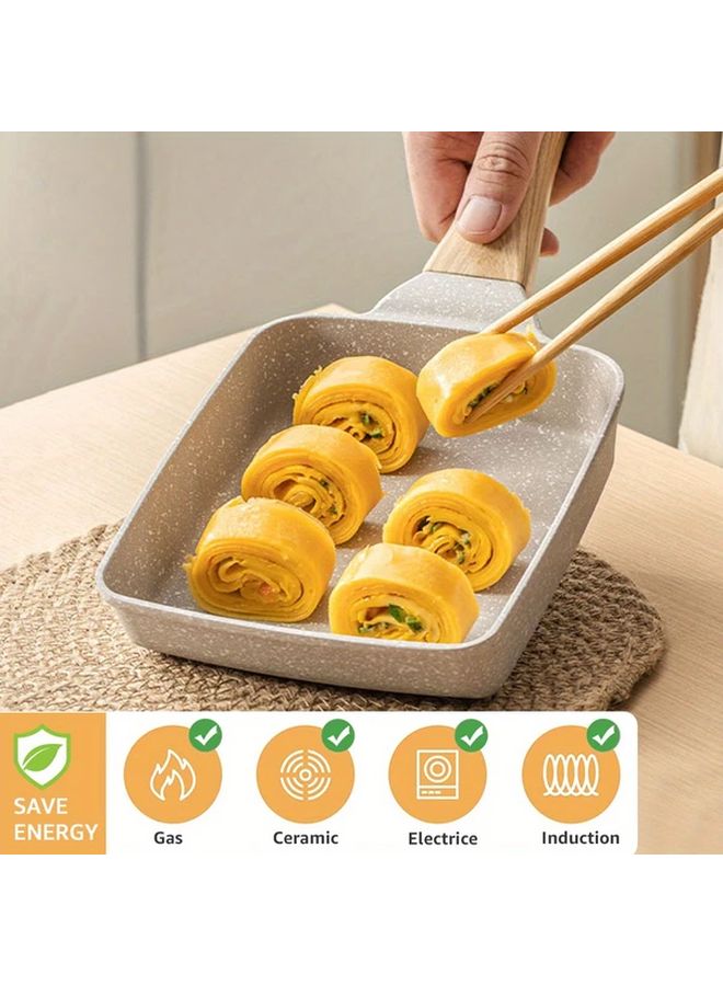 White Japanese Tamagoyaki Pan Non Stick Square Omelette Egg Roll Skillet Wooden Handle - Image 3