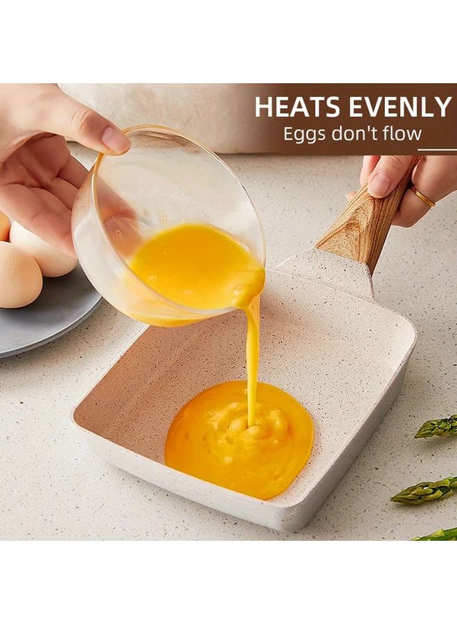 White Japanese Tamagoyaki Pan Non Stick Square Omelette Egg Roll Skillet Wooden Handle - Image 4