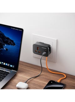 porodo Universal Wall Socket Buit-in 30 cm USB-C Cable with AC Socket, QC 18W USB-A & PD 20W USB-C Ports / 3250W Rated Power / Compact & Lightweight / UK 3-Pin Plug / Laptop Compatibility - Black  - Image 3