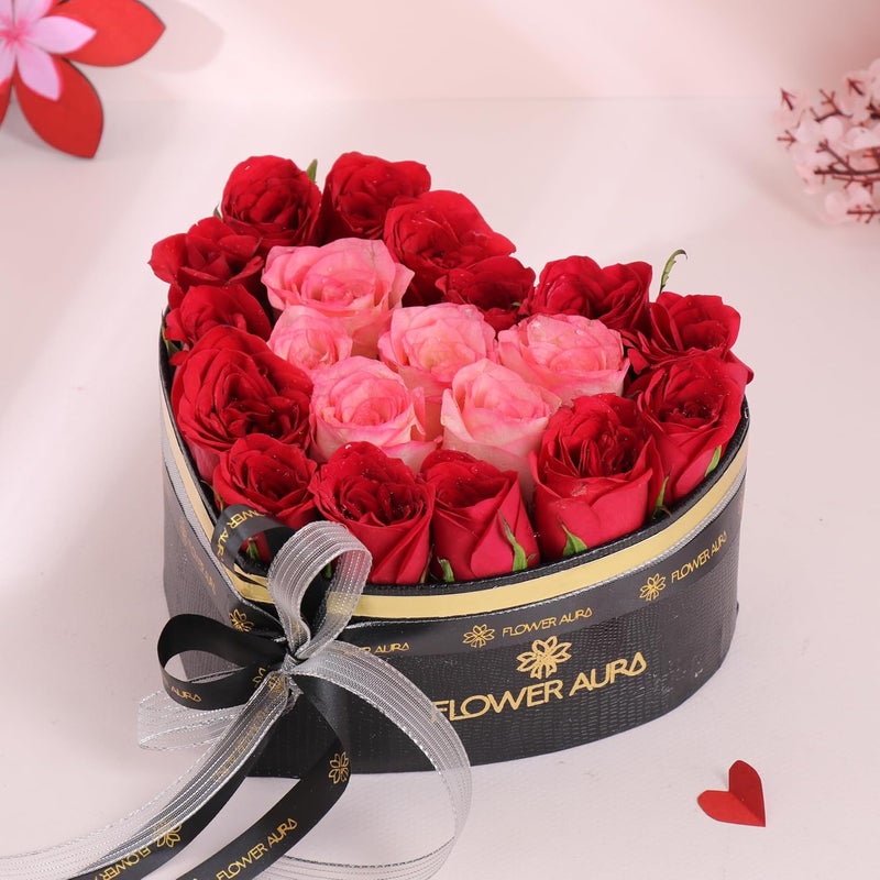 FlowerAura Fresh Live Flower Bouquet of 15 Red 5 Pink Roses In Heart Box For Birthday Gift Anniversary Gift Valentines Day Gift For Boyfriend Girlfriend Wife Husband Same Day Delivery - Image 1