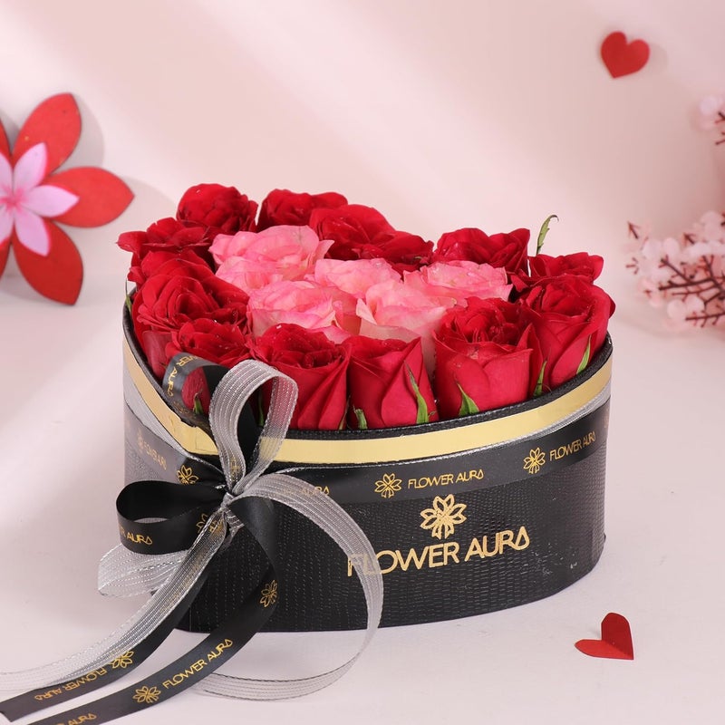 FlowerAura Fresh Live Flower Bouquet of 15 Red 5 Pink Roses In Heart Box For Birthday Gift Anniversary Gift Valentines Day Gift For Boyfriend Girlfriend Wife Husband Same Day Delivery - Image 2