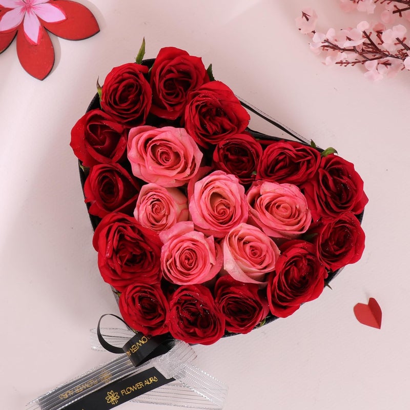FlowerAura Fresh Live Flower Bouquet of 15 Red 5 Pink Roses In Heart Box For Birthday Gift Anniversary Gift Valentines Day Gift For Boyfriend Girlfriend Wife Husband Same Day Delivery - Image 3