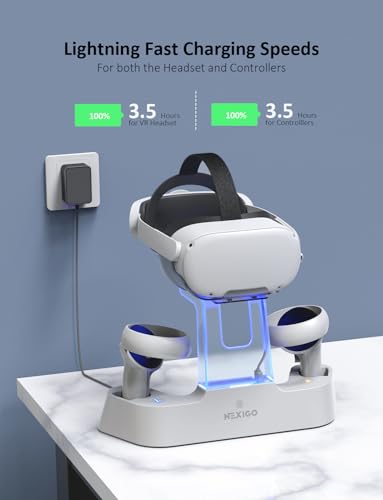 NexiGo Enhanced Charging Dock with LED Light OnOff for Oculus Quest 2 Support Elite Strap with Battery Headset Display Holder and Controller Mount 2 Rechargeable Batteries USBC Charger - Image 3