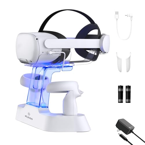 NexiGo Enhanced Charging Dock with LED Light OnOff for Oculus Quest 2 Support Elite Strap with Battery Headset Display Holder and Controller Mount 2 Rechargeable Batteries USBC Charger - Image 1