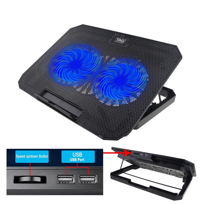 tag Frost Laptop Cooling Pad | 2 X 140mm Silent Cooling Fans | Blue LED Lights | Fan Speed Control | 2X USB Ports | Up to 17 Inch Laptop Support | 8 Levels Height Adjustments | Anti-Slip - Image 2