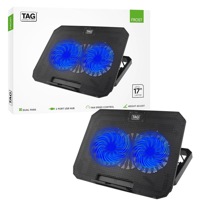 tag Frost Laptop Cooling Pad | 2 X 140mm Silent Cooling Fans | Blue LED Lights | Fan Speed Control | 2X USB Ports | Up to 17 Inch Laptop Support | 8 Levels Height Adjustments | Anti-Slip - Image 1