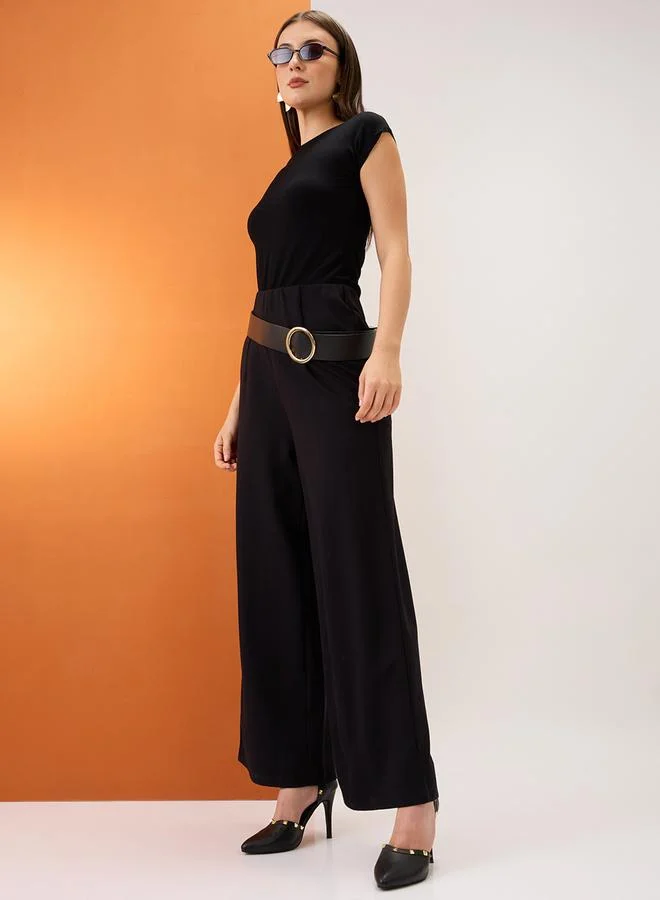 globus Black Solid Mid-Rise Wide Leg Trousers