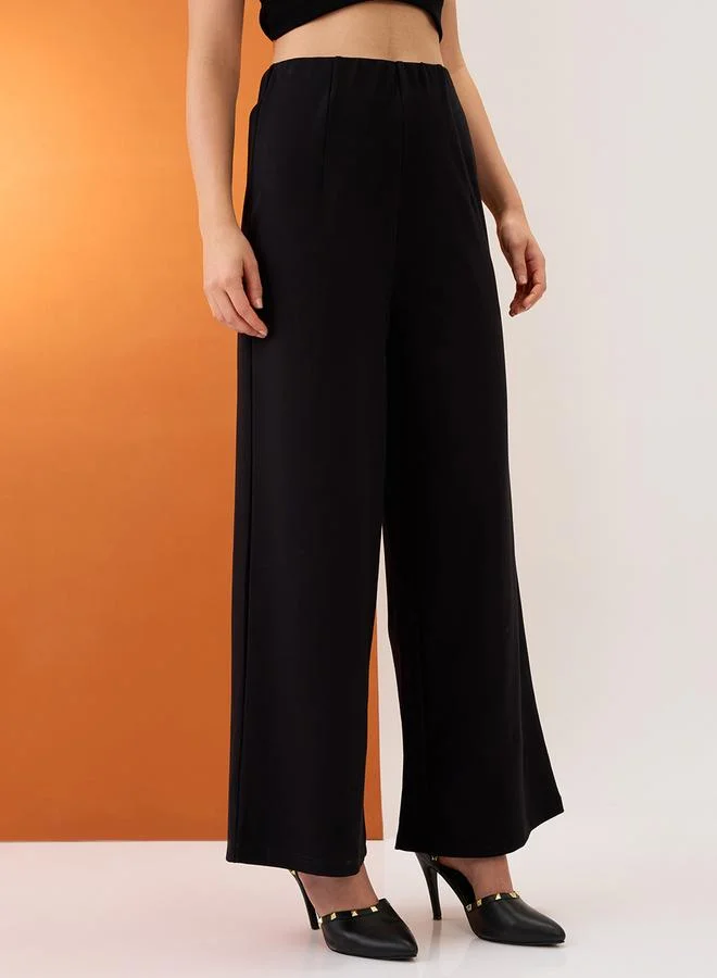 globus Black Solid Mid-Rise Wide Leg Trousers