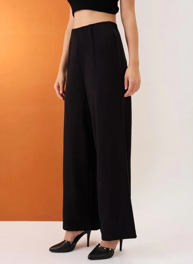 globus Black Solid Mid-Rise Wide Leg Trousers