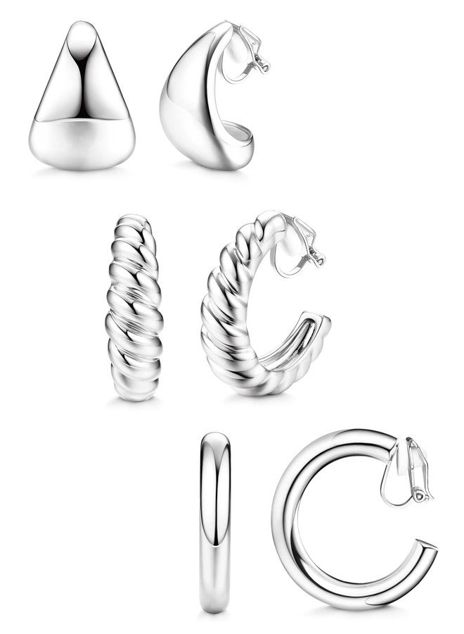 BESTEEL 3Pairs Clip on Earrings for Women Trendy Hypoallergenic 14K Gold Plated Chunky Tube Croissant Waterdrop Clip-on Hoop Earrings Set Fake Jewelry Non Pierced Ears, Zinc, No Gemstone - Image 1