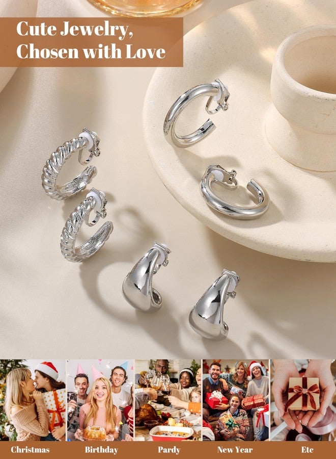 BESTEEL 3Pairs Clip on Earrings for Women Trendy Hypoallergenic 14K Gold Plated Chunky Tube Croissant Waterdrop Clip-on Hoop Earrings Set Fake Jewelry Non Pierced Ears, Zinc, No Gemstone - Image 5