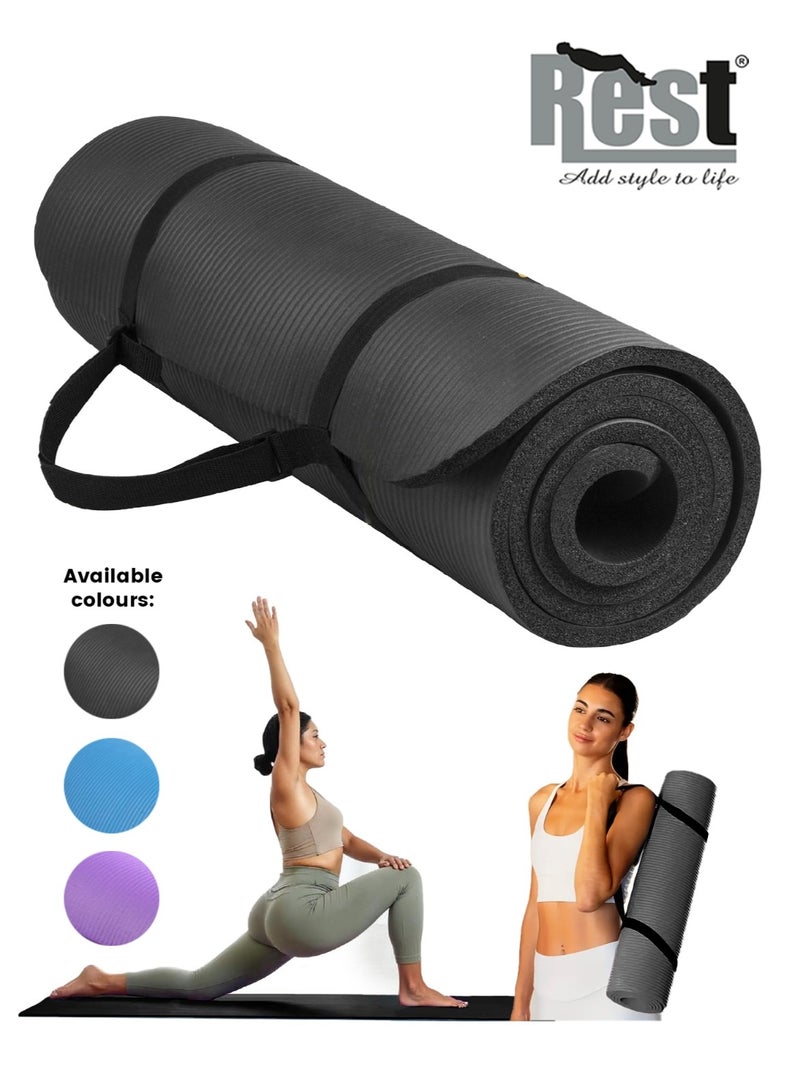 REST Yoga Mat Non Slip, Yoga Mat with Strap Included 10mm Thick Exercise Mat Ideal for HiiT, Pilates, Yoga and Many Other Home Workouts, Black - Image 1