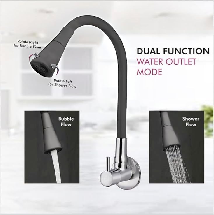 SEARENE BATHWARE Kitchen Sink Tap | Flexible Neck Wall Mount Dual Flow Medium Shower & Foam | 360° Swivel Spout Faucet | Flexible Silicone Spout Mixer | Splash-Free Chrome Kitchen Tap | Modern Modular Kitchen Faucet - Image 3