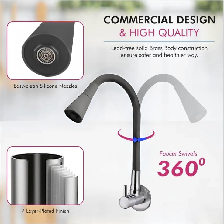 SEARENE BATHWARE Kitchen Sink Tap | Flexible Neck Wall Mount Dual Flow Medium Shower & Foam | 360° Swivel Spout Faucet | Flexible Silicone Spout Mixer | Splash-Free Chrome Kitchen Tap | Modern Modular Kitchen Faucet - Image 4