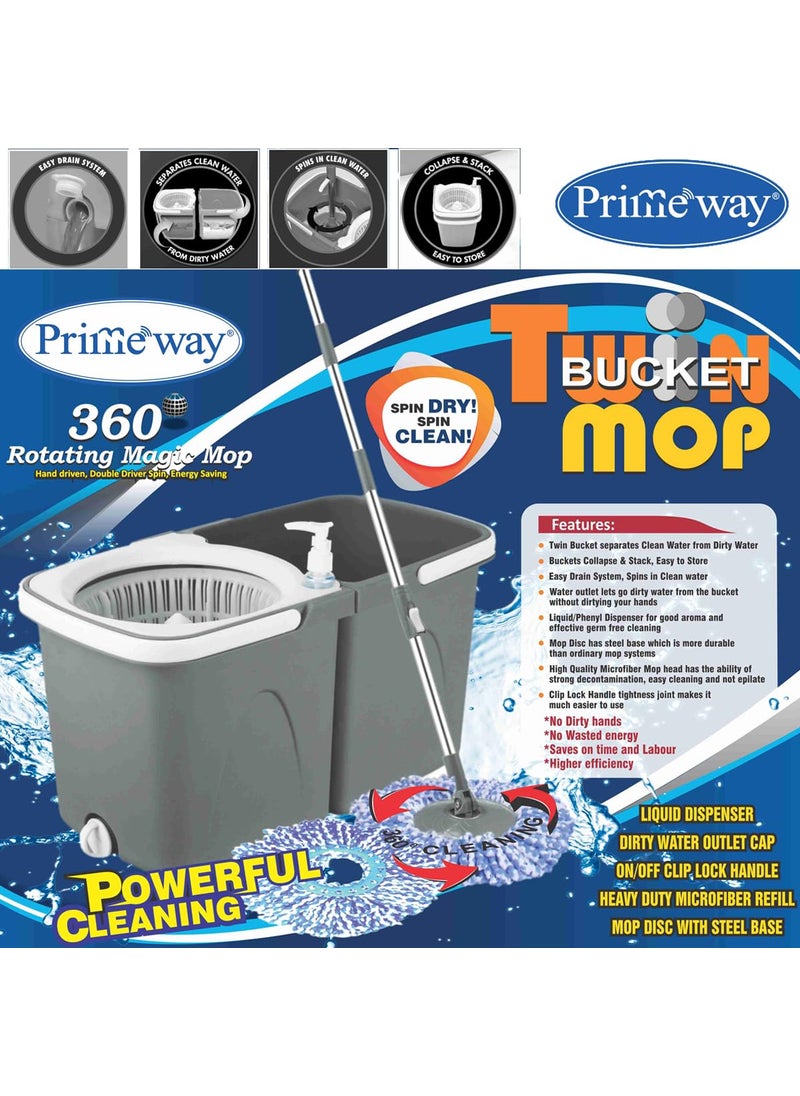 Primeway - Primeway® Plastic SS Double Bucket 360 Rotating Spin Floor Cleaning Mop with Clean and Dirty Water Separator with 2 Microfibre 38cm Refills, 6 LTR, Grey - Image 1
