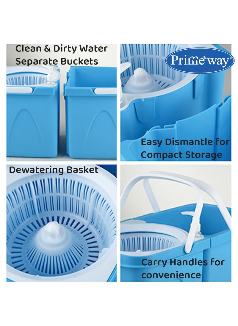 Primeway - Primeway® Plastic SS Double Bucket 360 Rotating Spin Floor Cleaning Mop with Clean and Dirty Water Separator with 2 Microfibre 38cm Refills, 6 LTR, Grey - Image 1