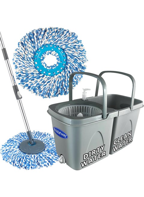 Primeway® Plastic SS Double Bucket 360 Rotating Spin Floor Cleaning Mop with Clean and Dirty Water Separator with 2 Microfibre 38cm Refills, 6 LTR, Grey