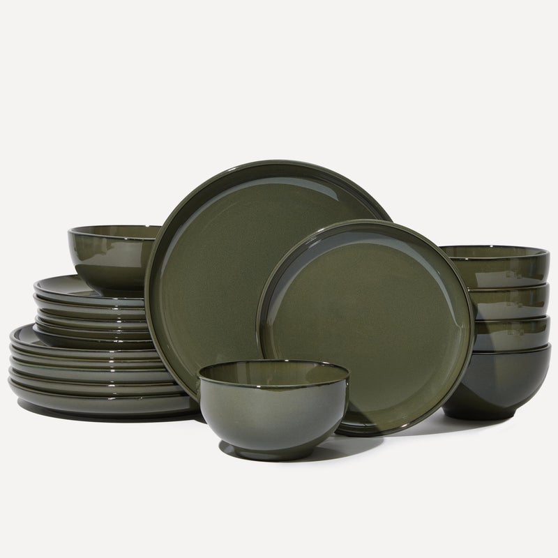 Pokini 18 Piece Dinnerware Set for 6, Reactive Glaze Terracotta Plates and Bowls Set, Large Family-Sized Stoneware Dish Set for Gatherings, Chip and Scratch Resistant, Blackish Green - Image 1