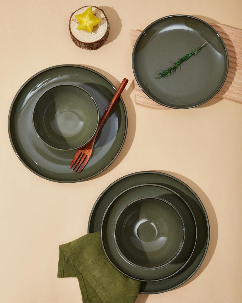 Pokini 18 Piece Dinnerware Set for 6, Reactive Glaze Terracotta Plates and Bowls Set, Large Family-Sized Stoneware Dish Set for Gatherings, Chip and Scratch Resistant, Blackish Green - Image 5