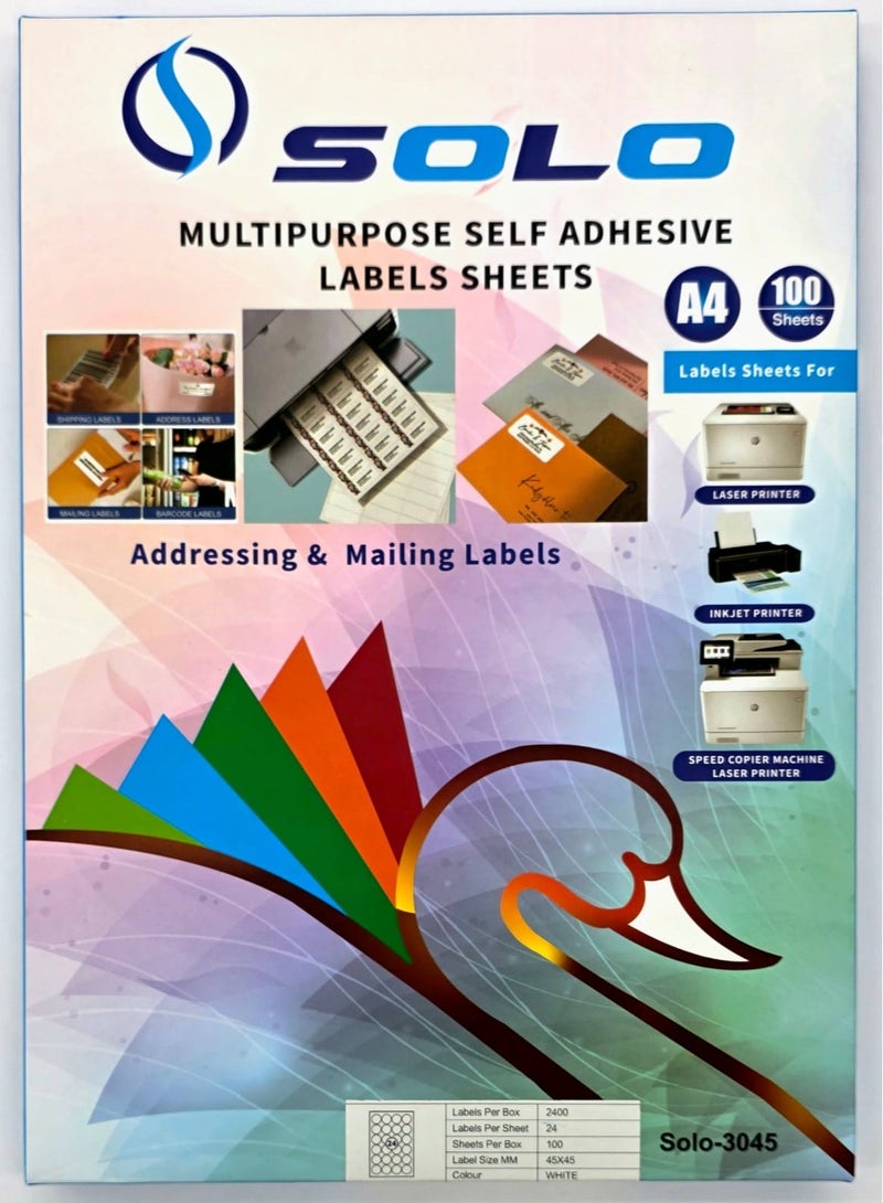 Solo Multipurpose Self Adhesive Labels Sheet, Color: White (24 Round Stickers x 100 Sheet) 2400 Stickers, Size : (45 mm x 45 mm) - Image 1