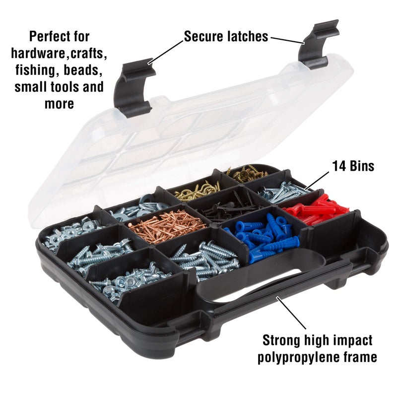 Stalwart Hardware Organizer Box with Dividers - 14 Compartment Small Parts Organizer Portable Tool Box Organizer with Secure Latches - Plastic Screw Organizer Box for Nuts, Beads, Jewelry or Tackle by Stalwart - Image 3