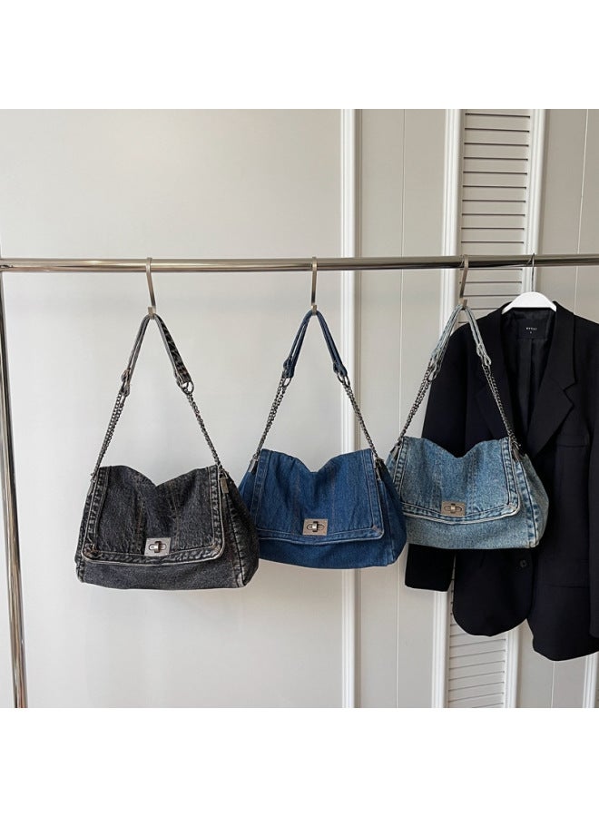 Denim Bag Women's 2024 Summer Fashion Chain Bag Large Capacity Tote Bag Shoulder Crossbody Bag-Color:Dark Blue-Size:35*11*21 - Image 5
