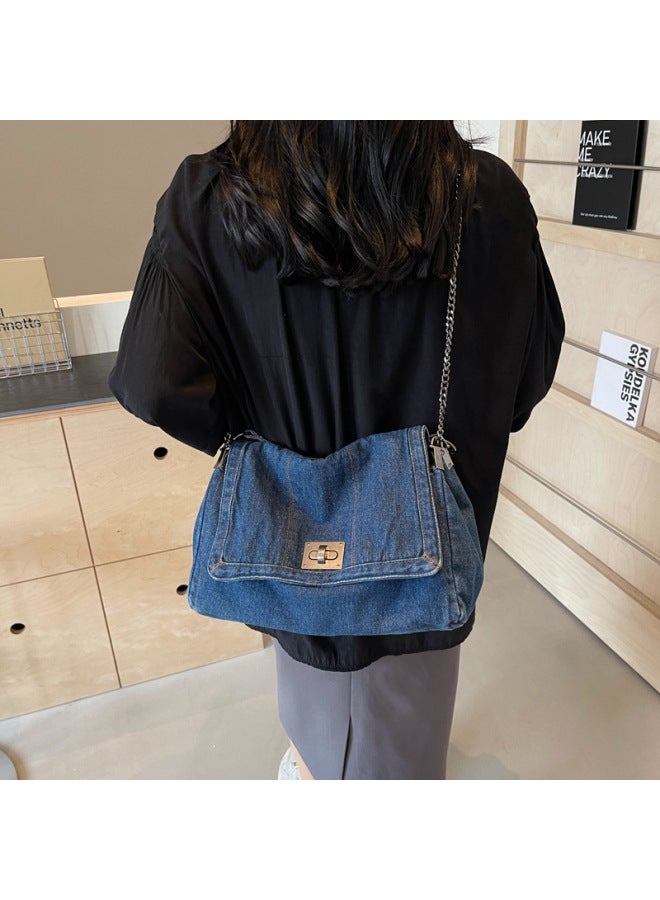 Denim Bag Women's 2024 Summer Fashion Chain Bag Large Capacity Tote Bag Shoulder Crossbody Bag-Color:Dark Blue-Size:35*11*21 - Image 4