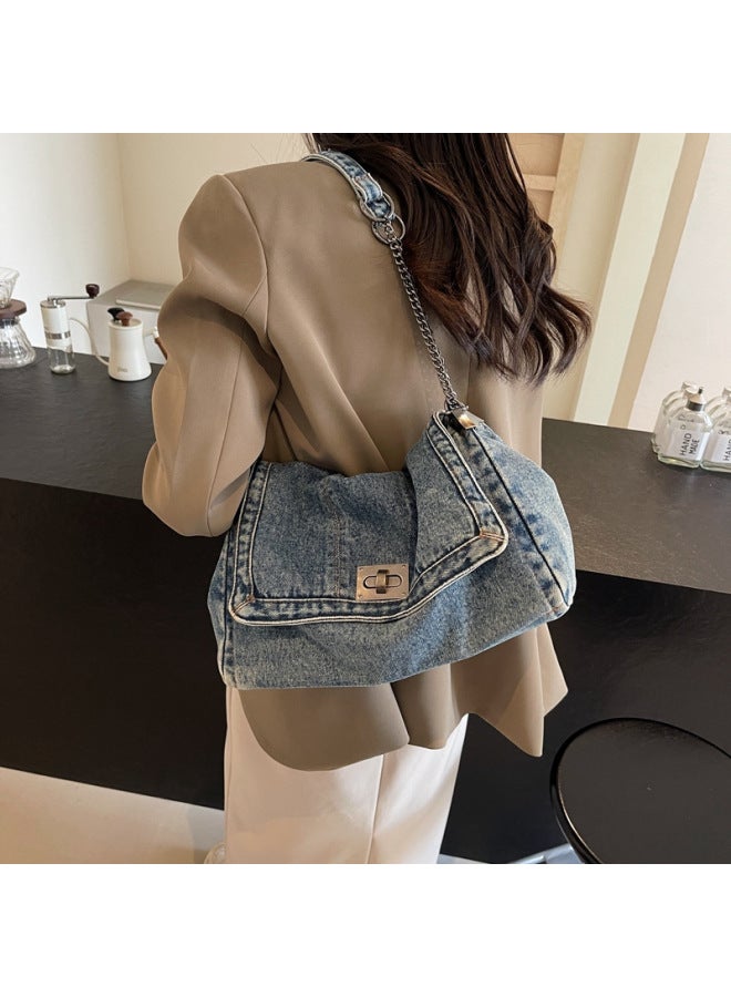 Denim Bag Women's 2024 Summer Fashion Chain Bag Large Capacity Tote Bag Shoulder Crossbody Bag-Color:Dark Blue-Size:35*11*21 - Image 3