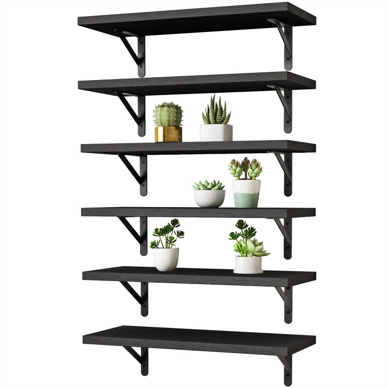 YGEOMER Wall Shelves for Bedroom, 16.5 Inch Floating Shelves for Wall, Shelves for Bathroom Storage, Living Room and Kitchen Decor (Set of 6 Black) - Image 1