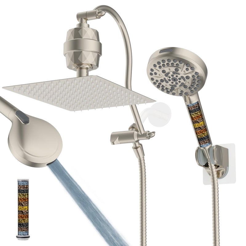 Hibbent All Metal 12 Filtered Rainfall Shower Head Combo High Pressure Handheld Shower Head with 12 Adjustable Curved Extension Arm 20 Stage Shower Filter 10spray 71 Hose Brushed Nickel