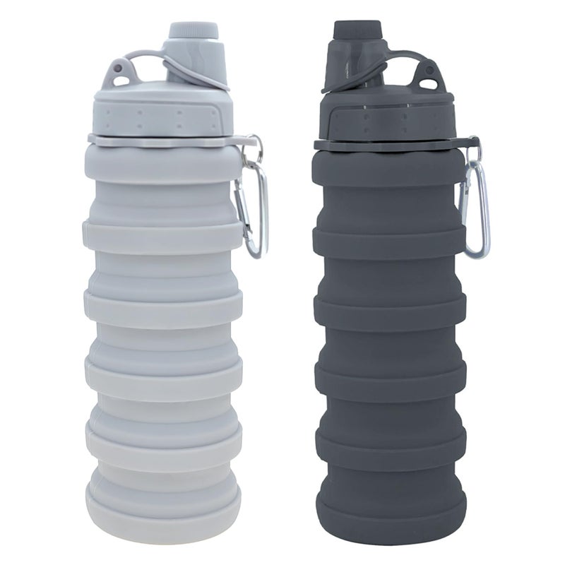 YCTMALL Collapsible Water Bottles Two Pack Travel Sports Portable Sport Bottle with Mountaineering Buckle 500ml Silicone Waterproof Camping Bottle (Light Grey and Grey Color) - Image 1