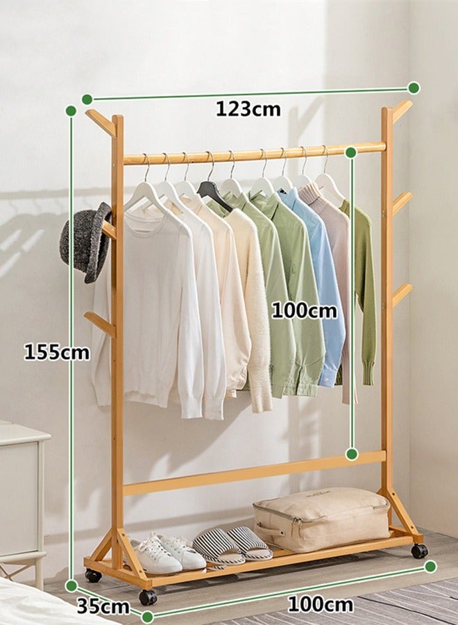 كوزينيست علاقة ملابس من الخشب الطبيعي مع أرفف تخزين، منظم ملابس خشبي متحرك بعجلات لتعليق الملابس - Image 5