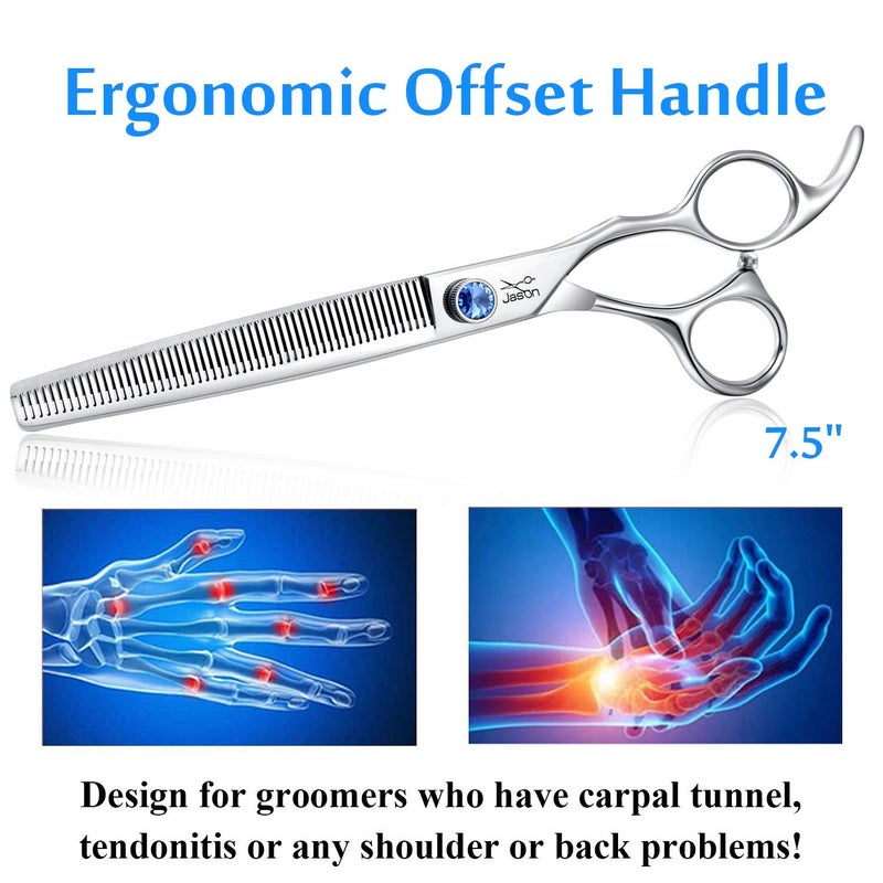 JASON 7.5" 56-Tooth Blending Dogs Grooming Scissors Cats Thinning Shears Pets Blender Thinner Trimming Texturizing Kit with Offset Handle Blue Jewelled Screw (7.5 Inch) - Image 4