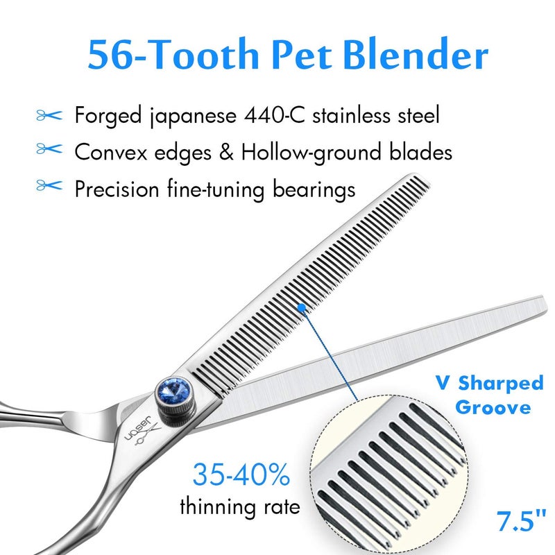 JASON 7.5" 56-Tooth Blending Dogs Grooming Scissors Cats Thinning Shears Pets Blender Thinner Trimming Texturizing Kit with Offset Handle Blue Jewelled Screw (7.5 Inch) - Image 2