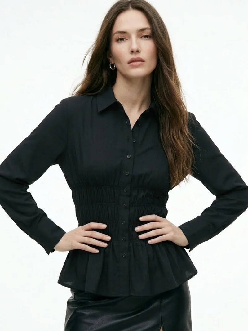Black Full Sleeve Shirt With Smocking Details At Waist
