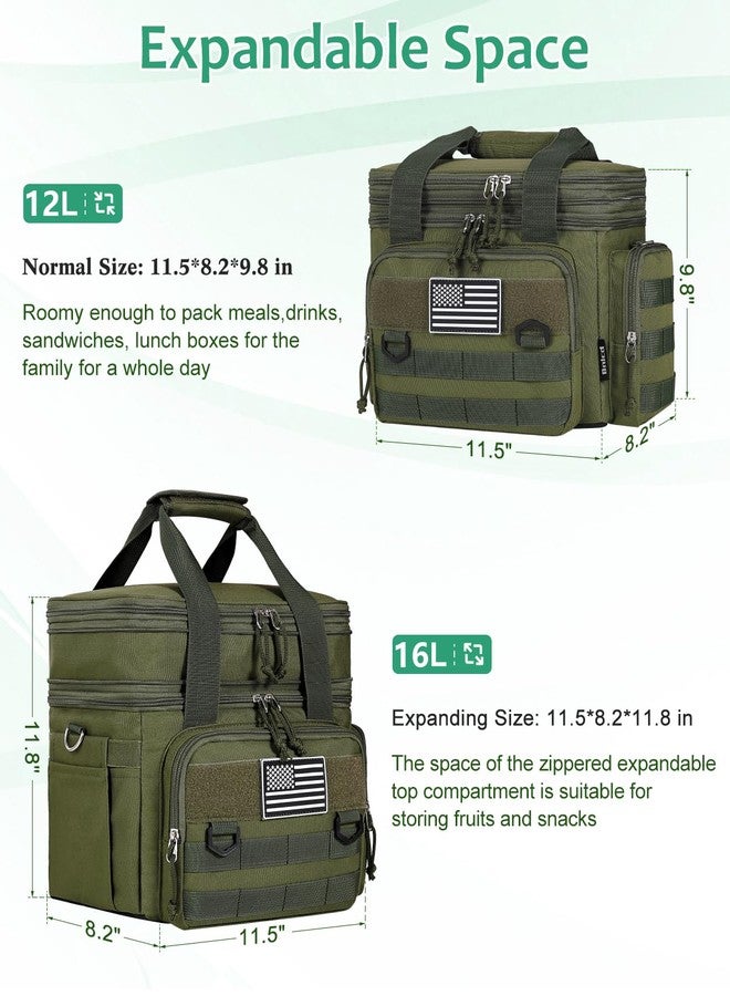 Bnlcd Tactical Lunch Box for Men, Expandable Large Insulated Lunch Bag for Adult, Heavy Duty Double Deck Lunch Cooler Bag with Shoulder Strap, Leakproof Soft Lunch Pail with American Flag - Green - Image 3