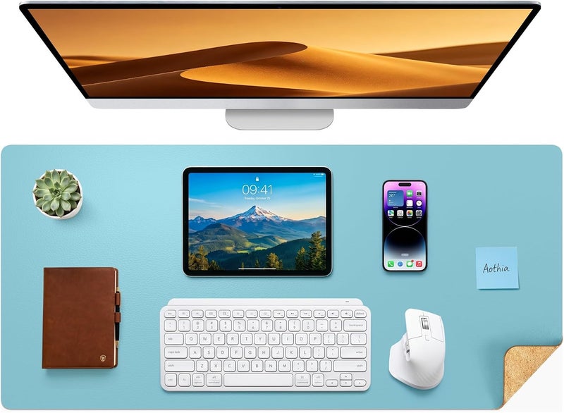 Aothia Double-Sided Desk Pad – 37.8"x17" Leather Desk Mat with Eco Cork Protector, Large Mouse Pad, Waterproof Desk Blotter for Office/Home (Blue Topaz) - Image 1