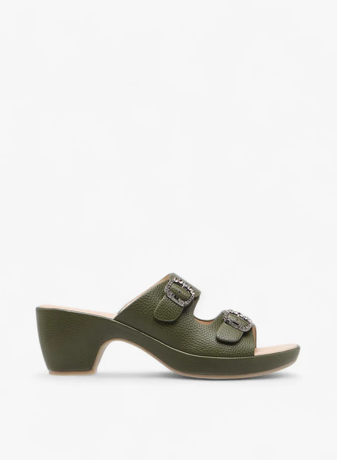 Le Confort Women's Textured Slip-On Comfort Sandals with Embellished Buckle Accent and Block Heels