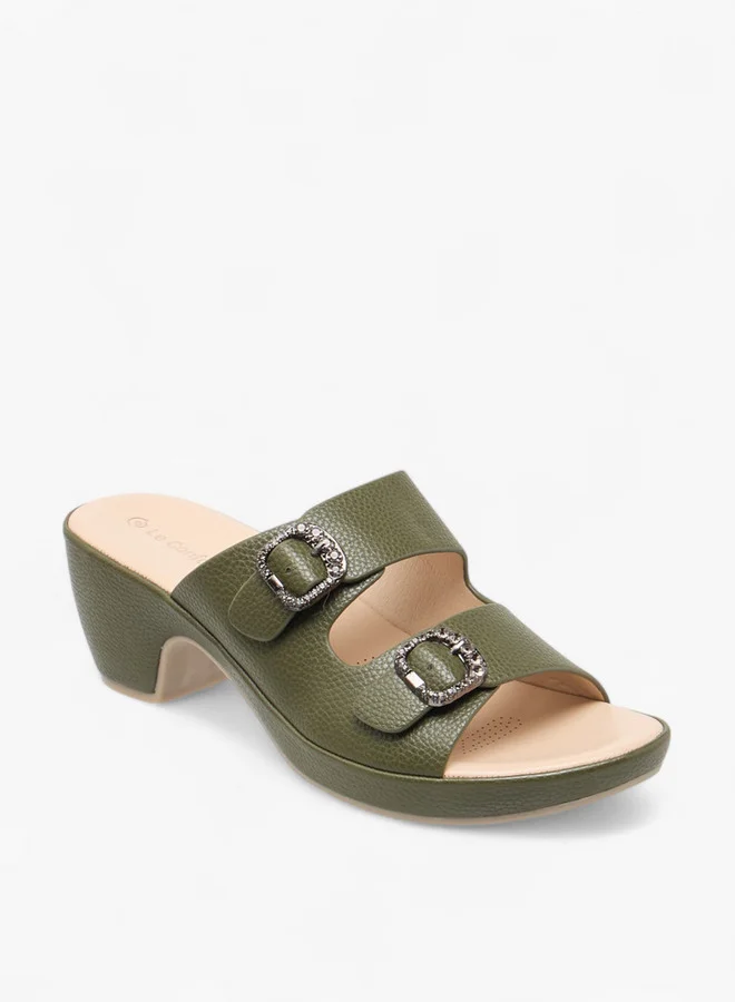 Le Confort Women's Textured Slip-On Comfort Sandals with Embellished Buckle Accent and Block Heels