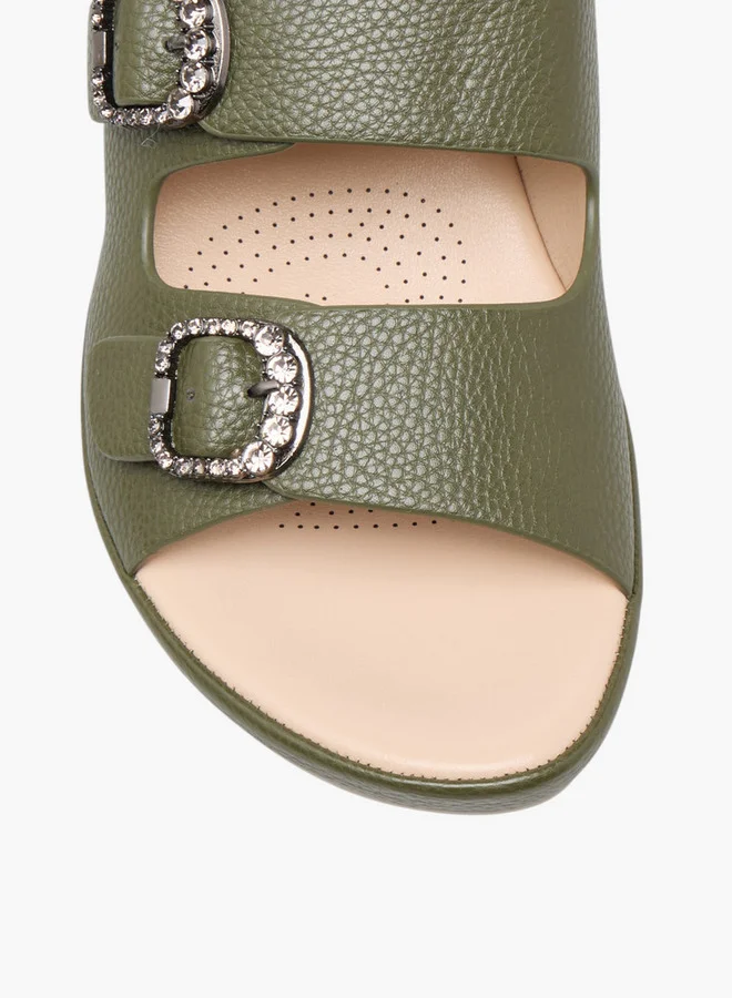 Le Confort Women's Textured Slip-On Comfort Sandals with Embellished Buckle Accent and Block Heels
