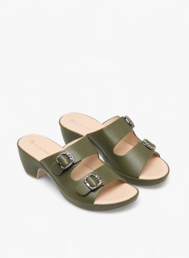 Le Confort Women's Textured Slip-On Comfort Sandals with Embellished Buckle Accent and Block Heels